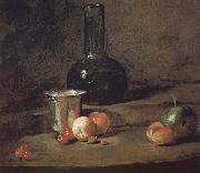Jean Baptiste Simeon Chardin Wine glass bottles fitted five silver Cherry wine a two peach apricot, and a green apple Spain oil painting reproduction